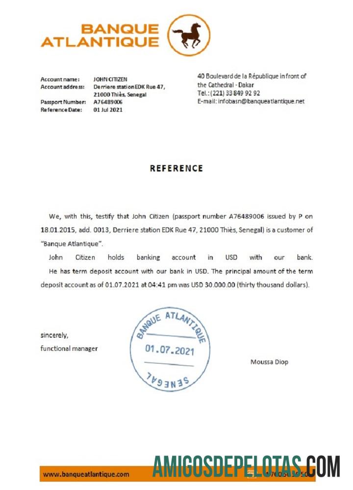 Referência do Senegal Banque Atlantique exemplo